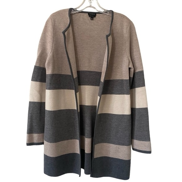 Talbots Stripes Gray Tan 100% Merino Wool Open Front Cardigan - Picture 1 of 4